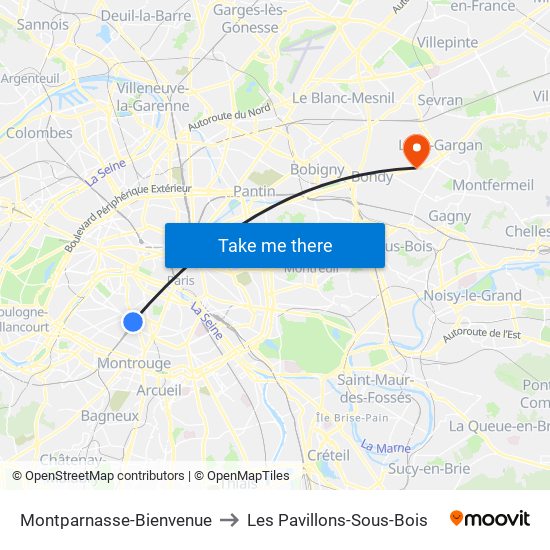 Montparnasse-Bienvenue to Les Pavillons-Sous-Bois map