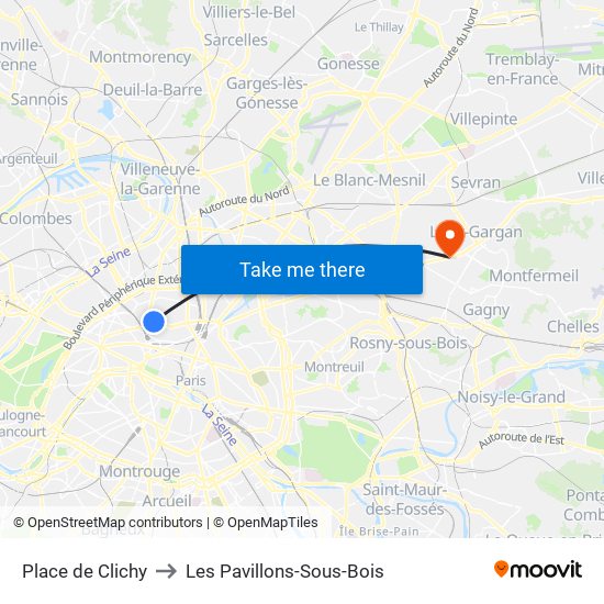 Place de Clichy to Les Pavillons-Sous-Bois map
