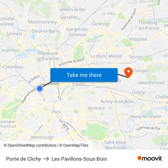 Porte de Clichy to Les Pavillons-Sous-Bois map