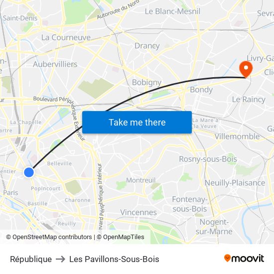 République to Les Pavillons-Sous-Bois map