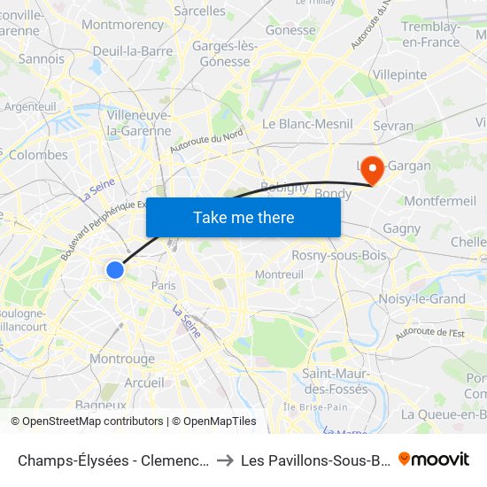 Champs-Élysées - Clemenceau to Les Pavillons-Sous-Bois map