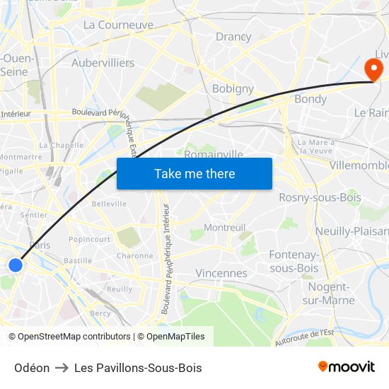 Odéon to Les Pavillons-Sous-Bois map