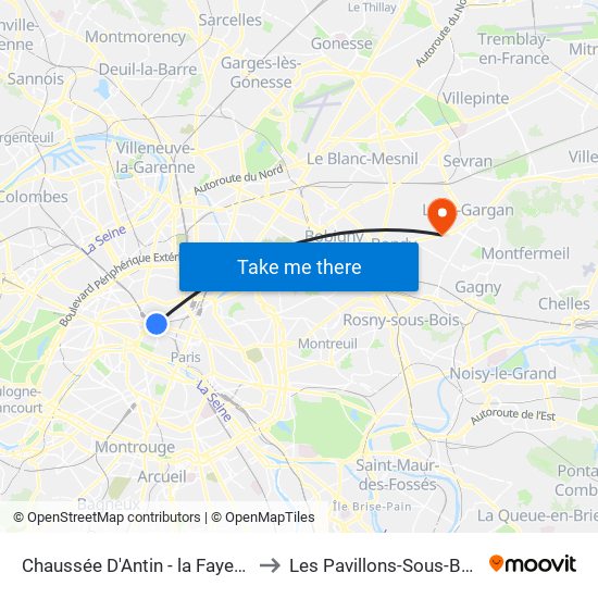 Chaussée D'Antin - la Fayette to Les Pavillons-Sous-Bois map