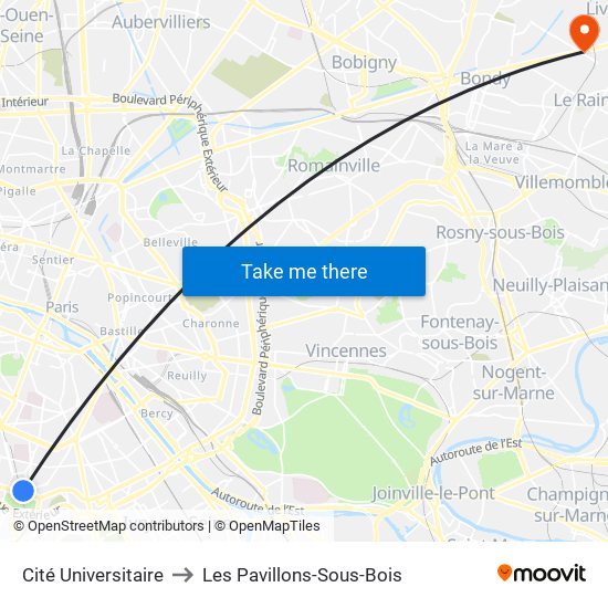 Cité Universitaire to Les Pavillons-Sous-Bois map