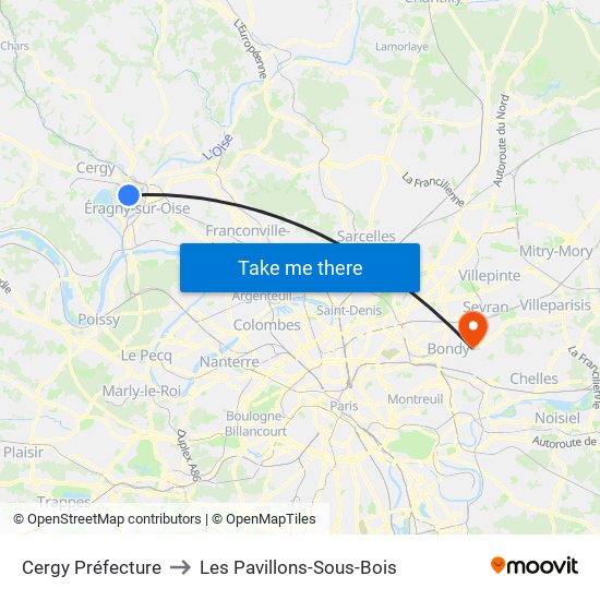 Cergy Préfecture to Les Pavillons-Sous-Bois map