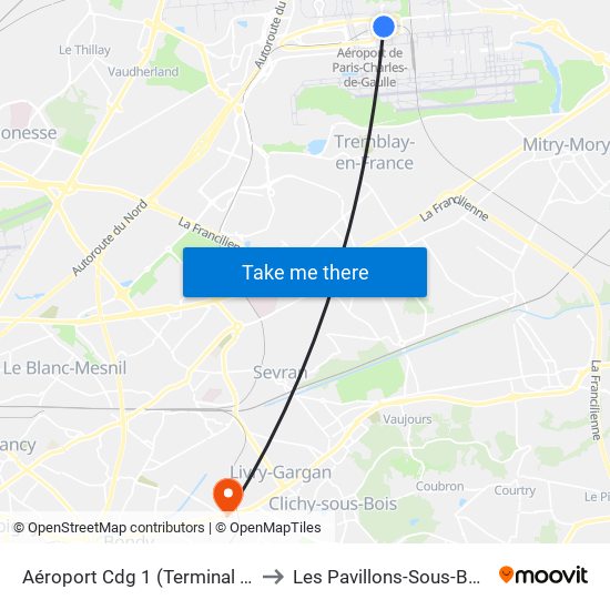 Aéroport Cdg 1 (Terminal 3) to Les Pavillons-Sous-Bois map