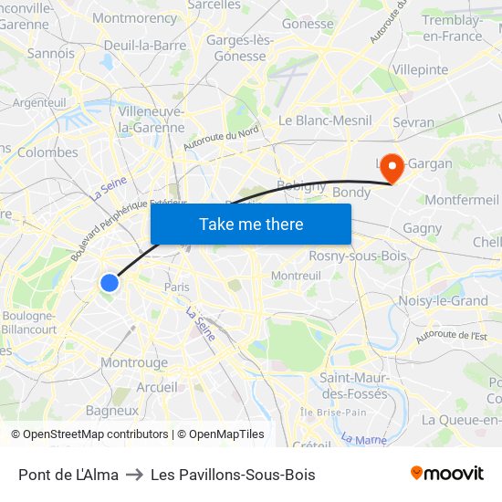 Pont de L'Alma to Les Pavillons-Sous-Bois map