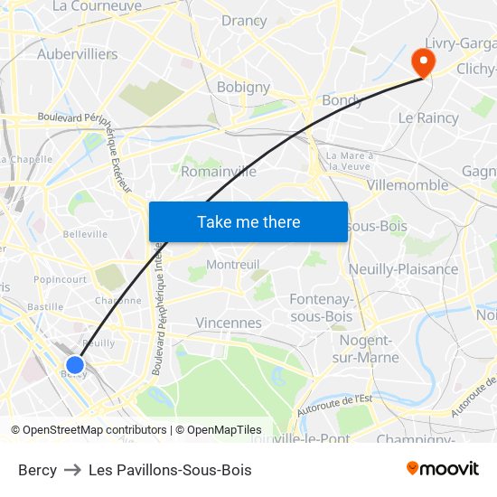 Bercy to Les Pavillons-Sous-Bois map