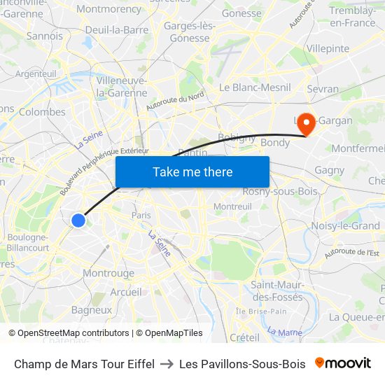Champ de Mars Tour Eiffel to Les Pavillons-Sous-Bois map
