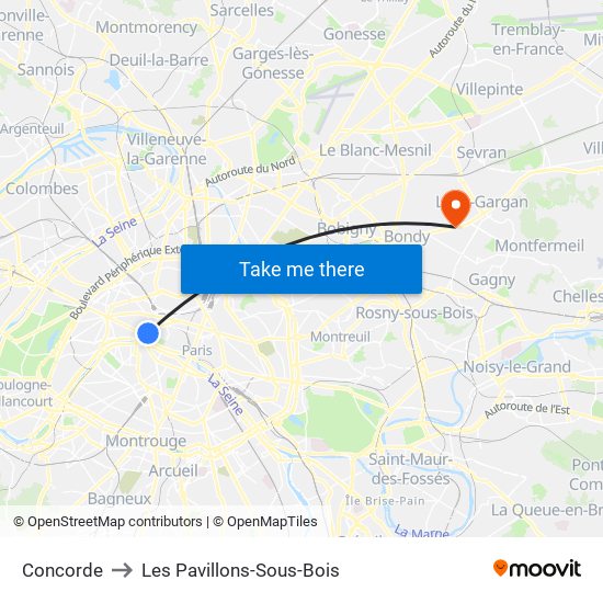 Concorde to Les Pavillons-Sous-Bois map