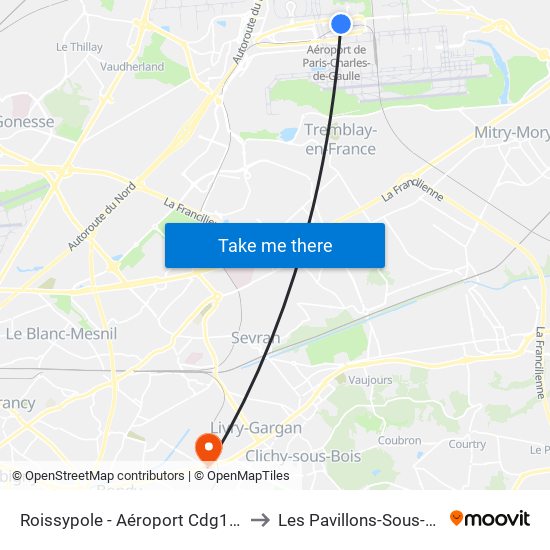 Roissypole - Aéroport Cdg1 (D3) to Les Pavillons-Sous-Bois map