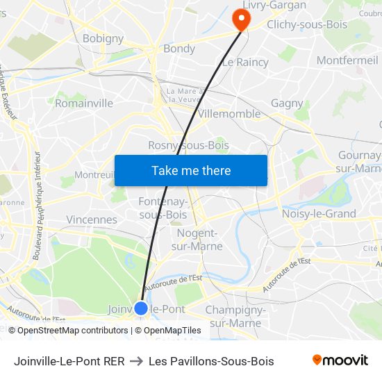 Joinville-Le-Pont RER to Les Pavillons-Sous-Bois map