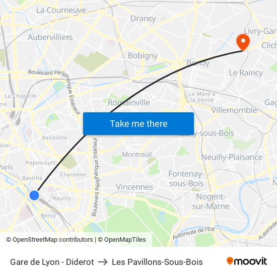 Gare de Lyon - Diderot to Les Pavillons-Sous-Bois map