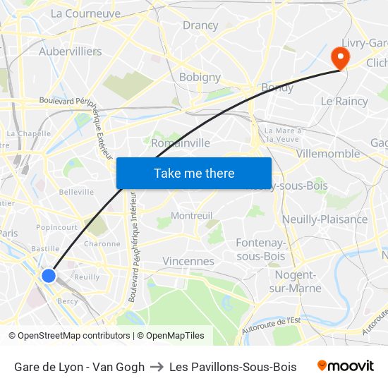 Gare de Lyon - Van Gogh to Les Pavillons-Sous-Bois map