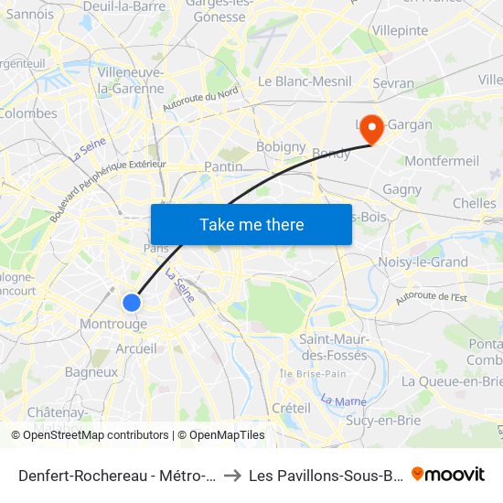 Denfert-Rochereau - Métro-Rer to Les Pavillons-Sous-Bois map