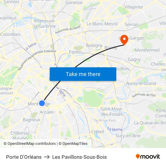 Porte D'Orléans to Les Pavillons-Sous-Bois map