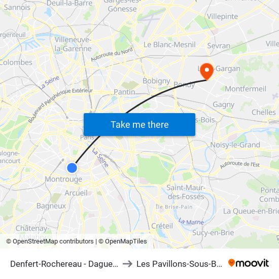 Denfert-Rochereau - Daguerre to Les Pavillons-Sous-Bois map