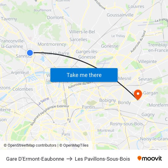 Gare D'Ermont-Eaubonne to Les Pavillons-Sous-Bois map