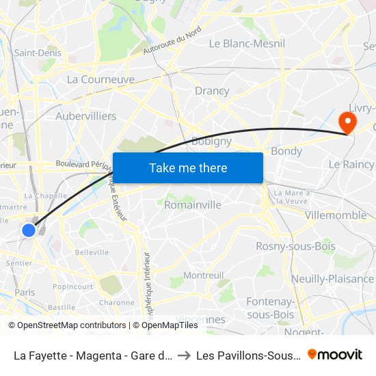 La Fayette - Magenta - Gare du Nord to Les Pavillons-Sous-Bois map