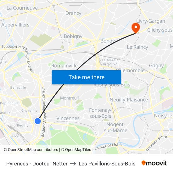 Pyrénées - Docteur Netter to Les Pavillons-Sous-Bois map