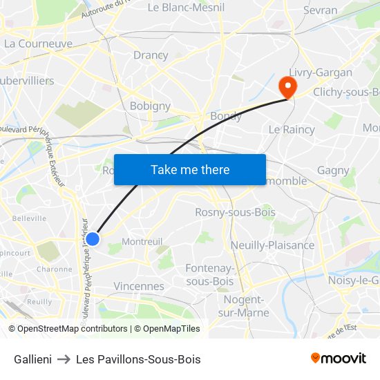 Gallieni to Les Pavillons-Sous-Bois map