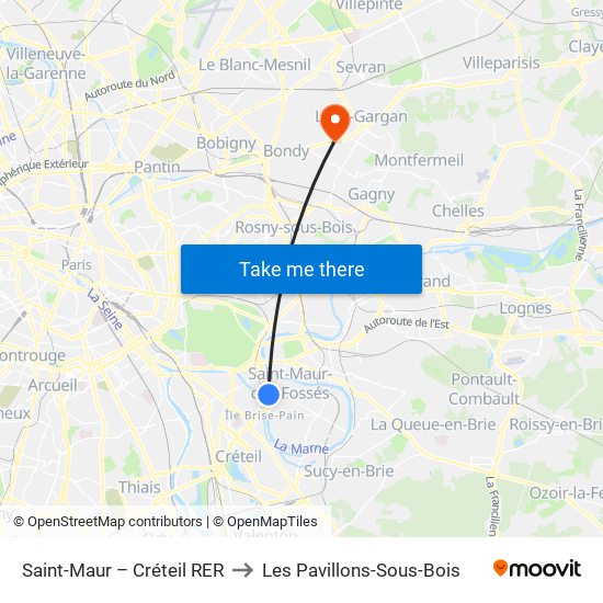 Saint-Maur – Créteil RER to Les Pavillons-Sous-Bois map
