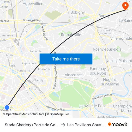 Stade Charléty (Porte de Gentilly) to Les Pavillons-Sous-Bois map