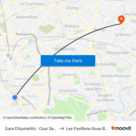 Gare D'Austerlitz - Cour Seine to Les Pavillons-Sous-Bois map