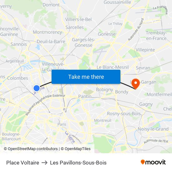 Place Voltaire to Les Pavillons-Sous-Bois map