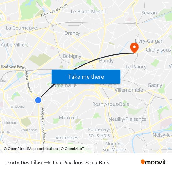 Porte Des Lilas to Les Pavillons-Sous-Bois map