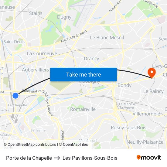 Porte de la Chapelle to Les Pavillons-Sous-Bois map