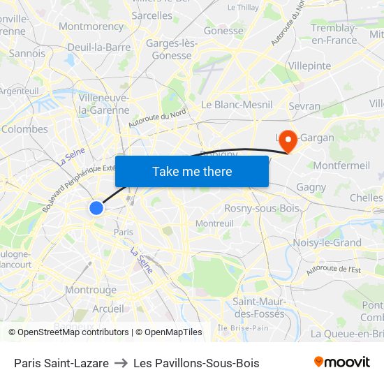 Paris Saint-Lazare to Les Pavillons-Sous-Bois map