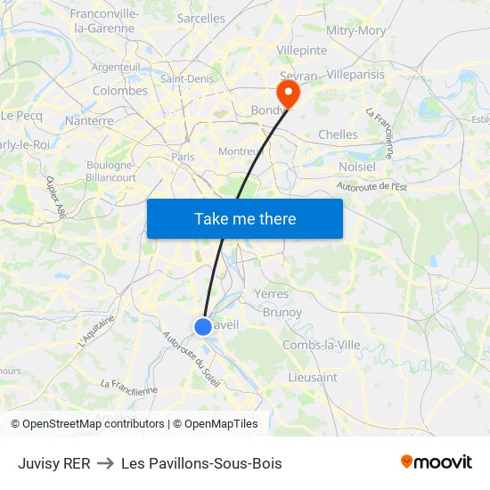 Juvisy RER to Les Pavillons-Sous-Bois map