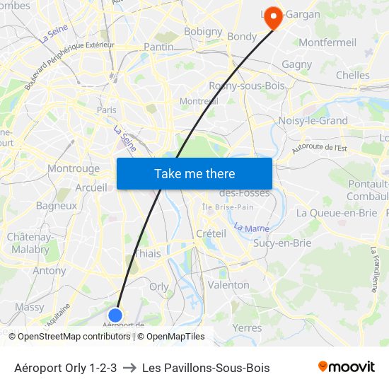 Aéroport Orly 1-2-3 to Les Pavillons-Sous-Bois map