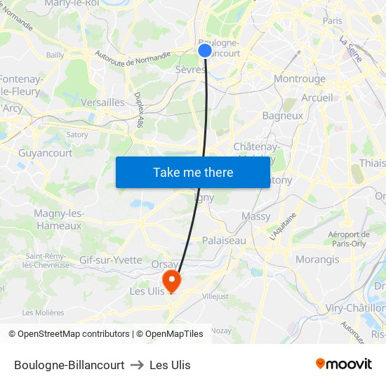 Boulogne-Billancourt to Les Ulis map