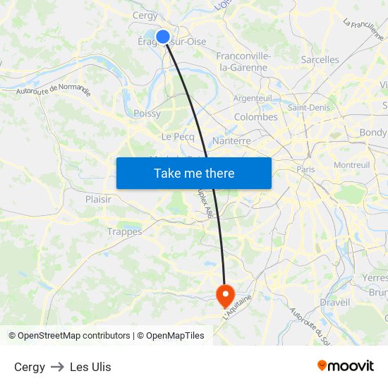 Cergy to Les Ulis map