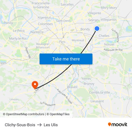Clichy-Sous-Bois to Les Ulis map