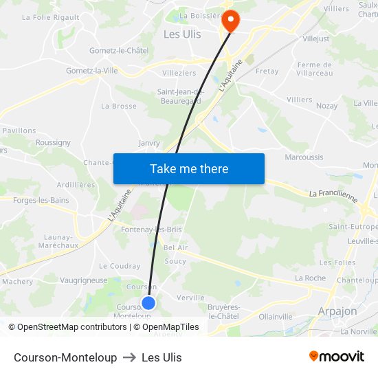 Courson-Monteloup to Les Ulis map