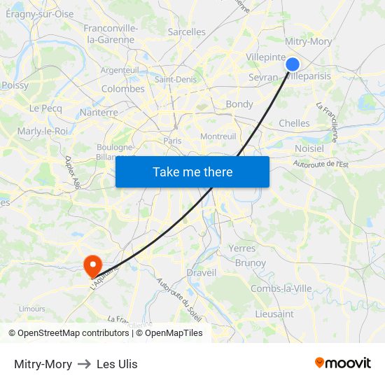 Mitry-Mory to Les Ulis map