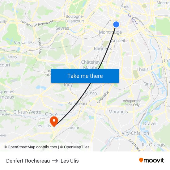 Denfert-Rochereau to Les Ulis map