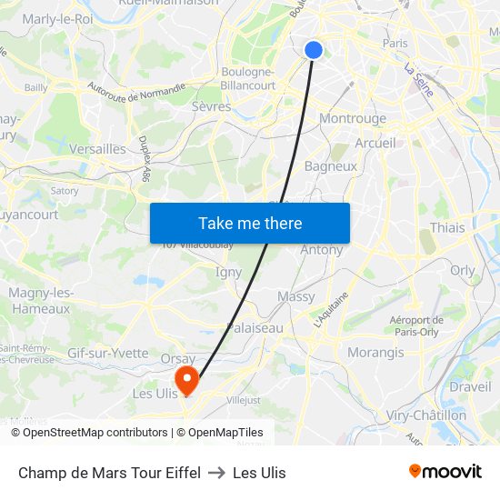 Champ de Mars Tour Eiffel to Les Ulis map