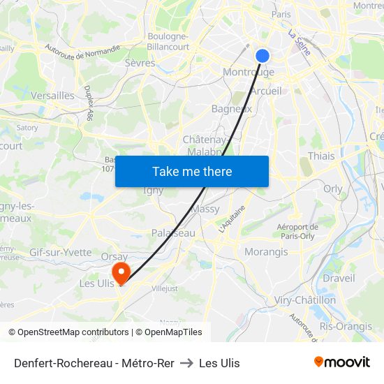 Denfert-Rochereau - Métro-Rer to Les Ulis map