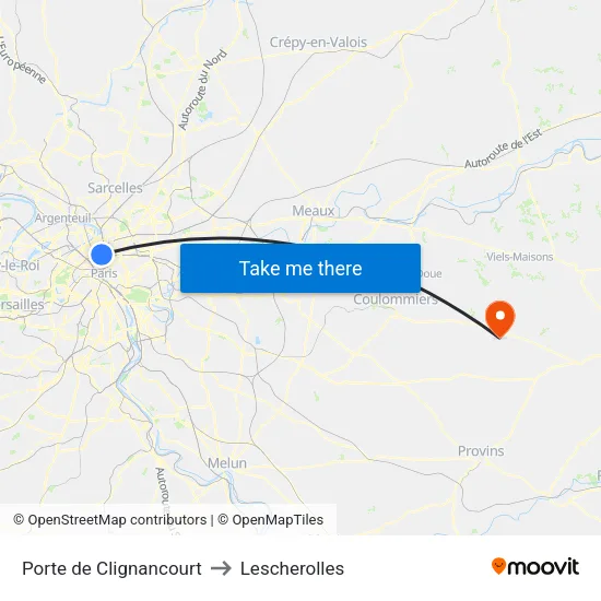 Porte de Clignancourt to Lescherolles map