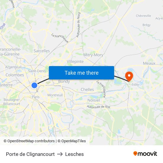 Porte de Clignancourt to Lesches map