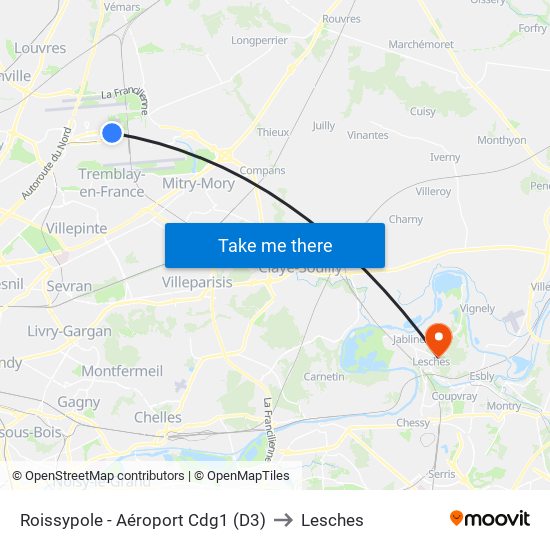 Roissypole - Aéroport Cdg1 (D3) to Lesches map