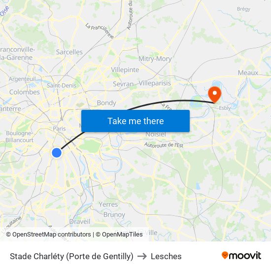 Stade Charléty (Porte de Gentilly) to Lesches map