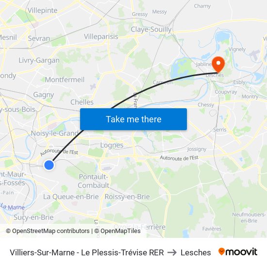 Villiers-Sur-Marne - Le Plessis-Trévise RER to Lesches map