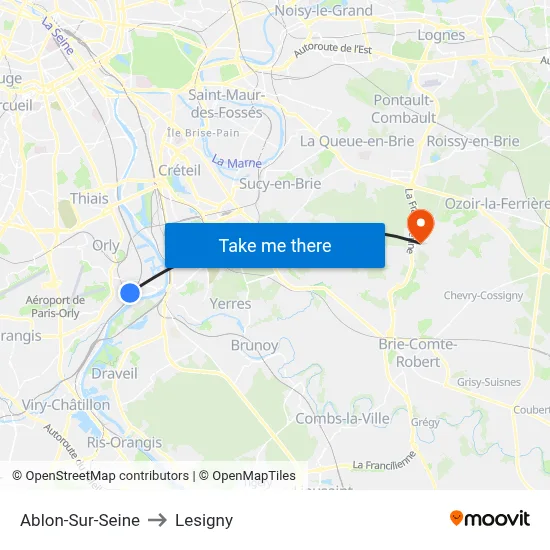 Ablon-Sur-Seine to Lesigny map