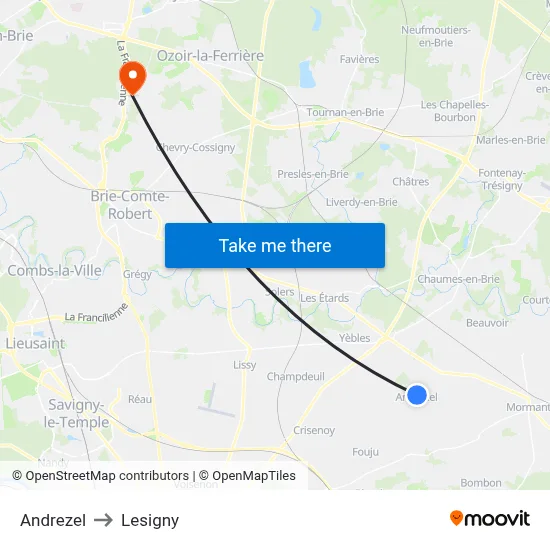 Andrezel to Lesigny map