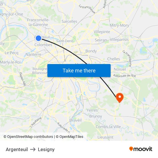 Argenteuil to Lesigny map